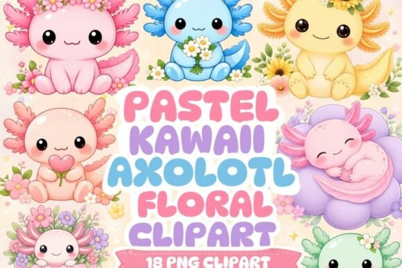 Download Pastel Kawaii Axolotl Floral Clipart - Floral Collection